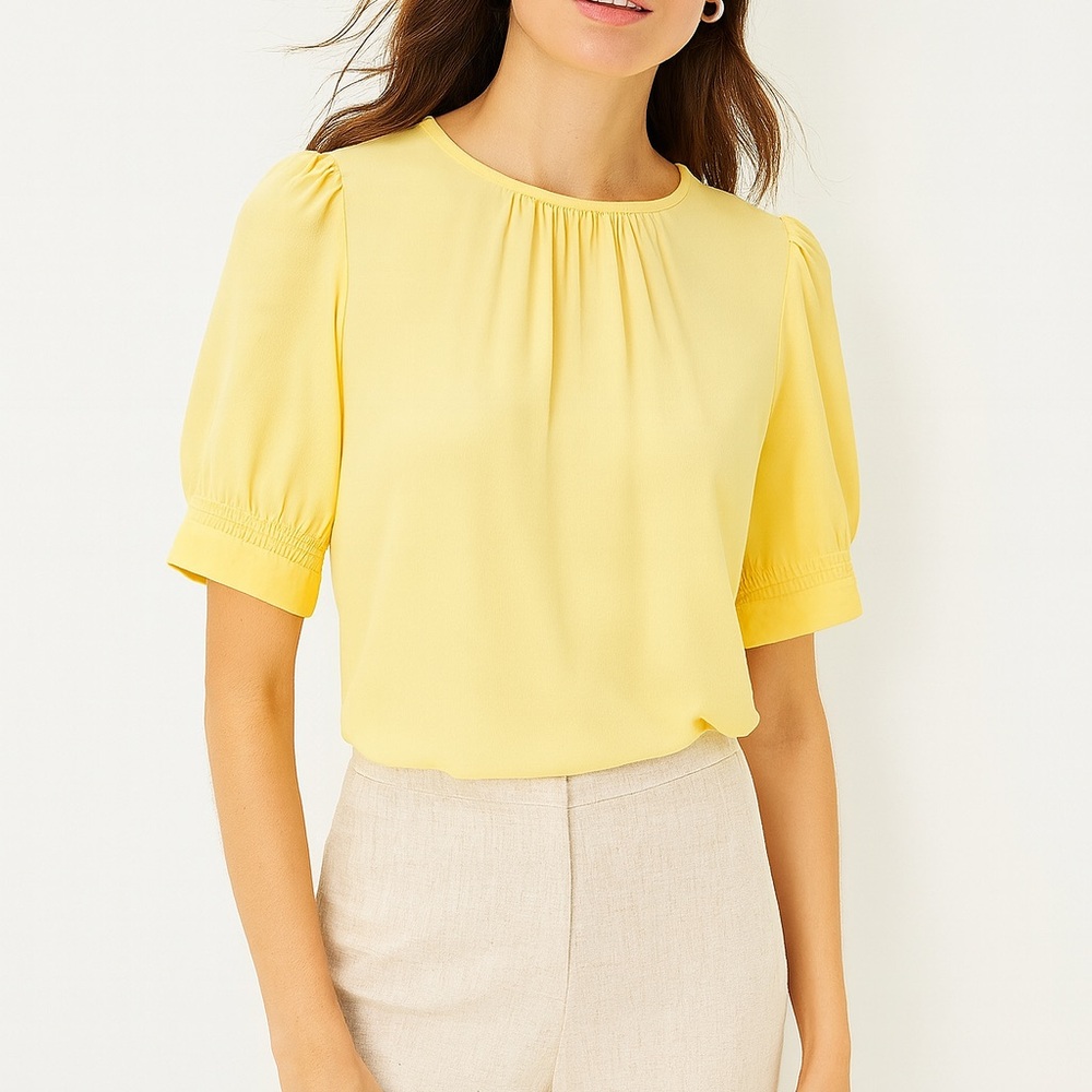 Ann Taylor Daffodil Yellow Blouse – Size L – Smocked Sleeve Detail!
